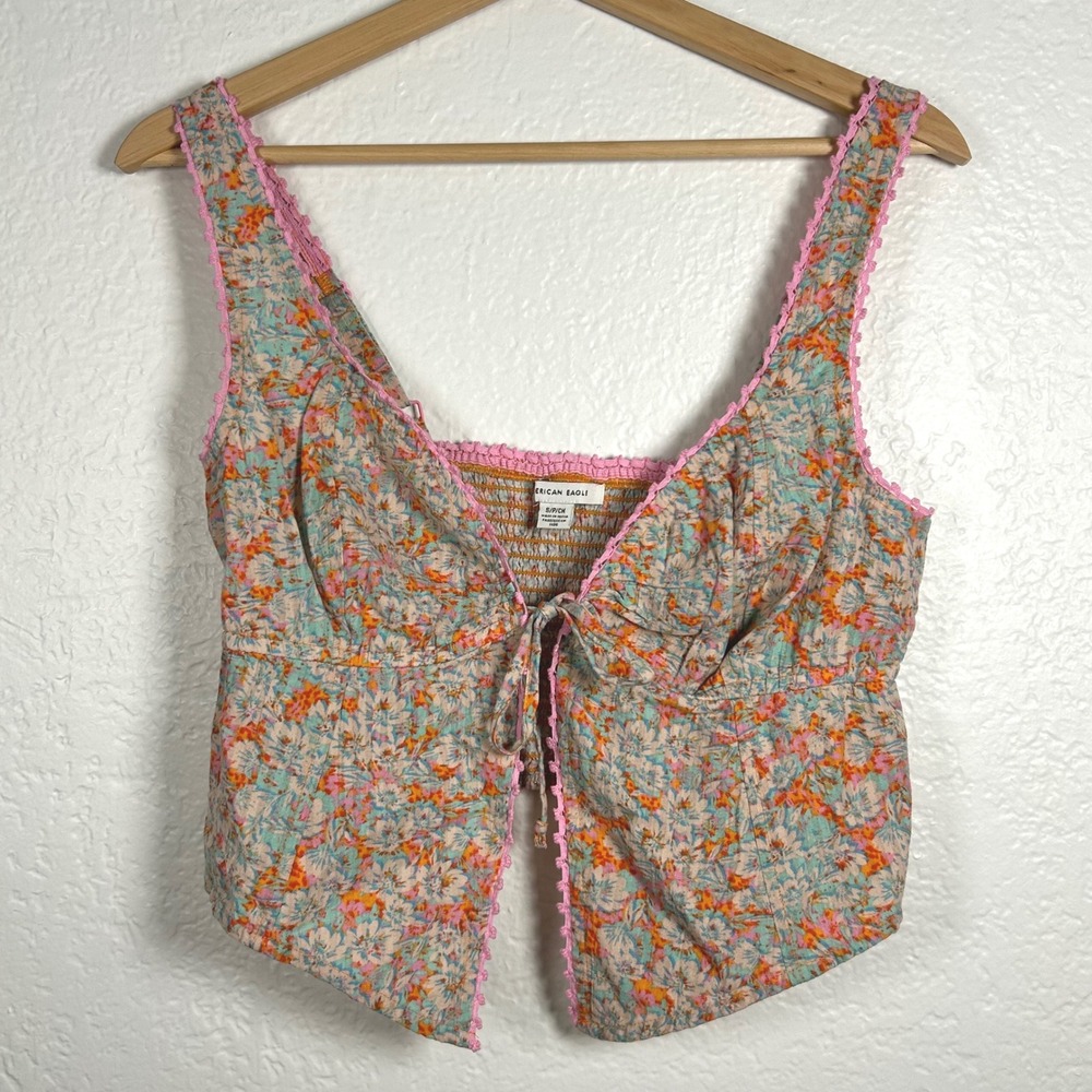 American Eagle Orange Floral Tie Front Smocked Lace Trim Tank Top Size S